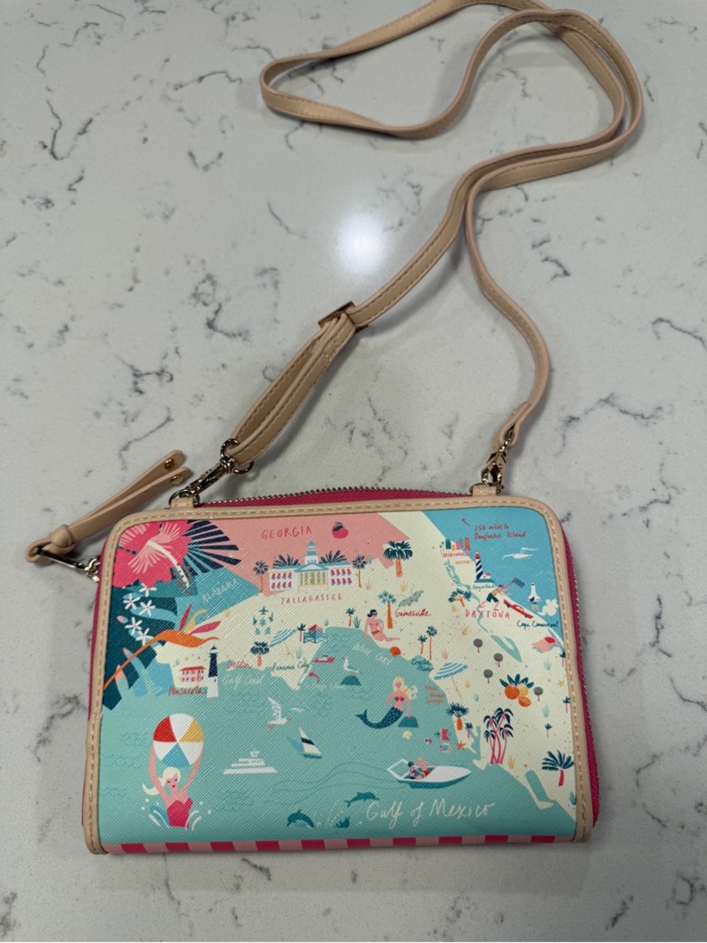 Spartina 449 Aqua Multi Florida Map Wristlet with Pink Trim - Picture 2 of 4